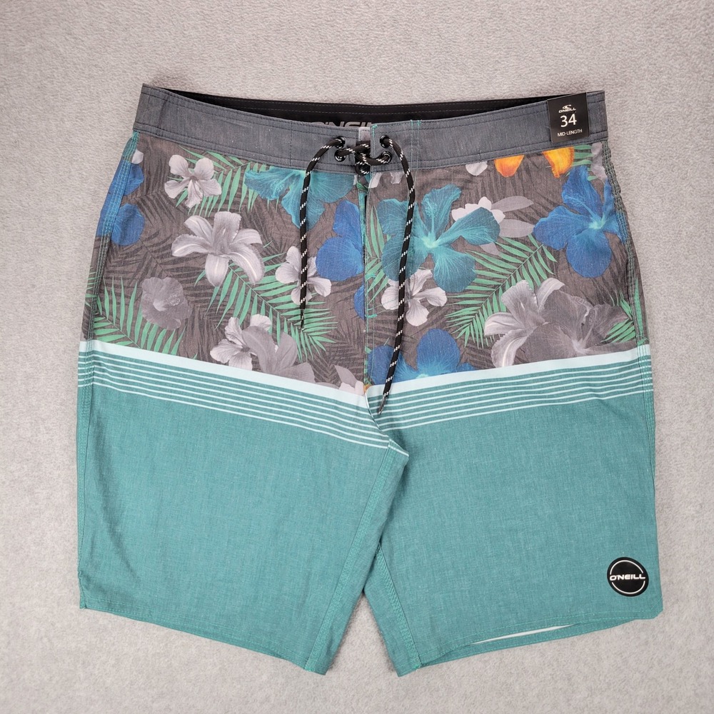 O'Neill Board Shorts Mens 34 Teal Grey Tropical Floral Mid-Length‎ Stretch Swim